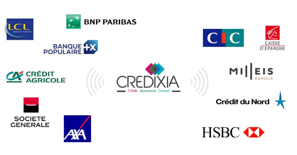 Banques partenaires du réseau CREDIXIA :
LCL, Banque Populaire, Crédit Agricole, Société Générale, AXA, CIC, Caisse d’Épargne, Milleis Banque, Crédit du Nord et HSBC